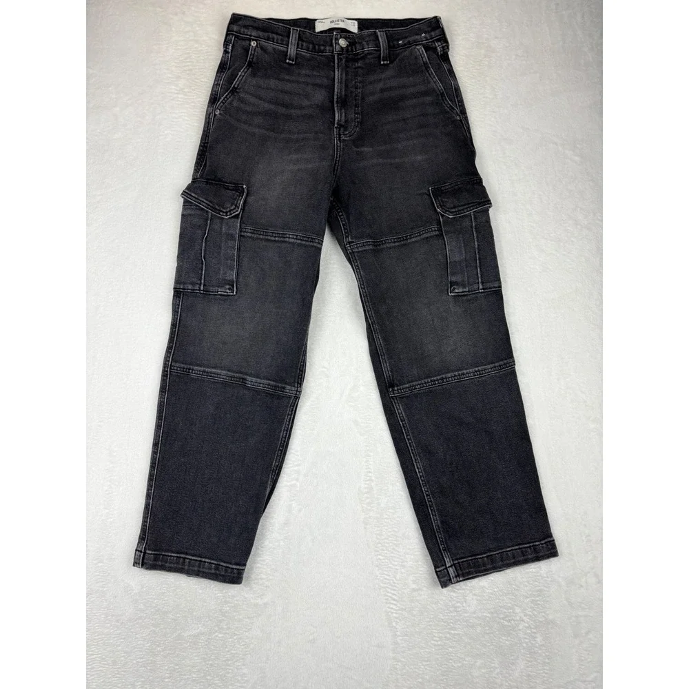 Hollister Baggy Cargo Mens 30x30 Jeans Fuzzy Black Faded Denim Utility Pants